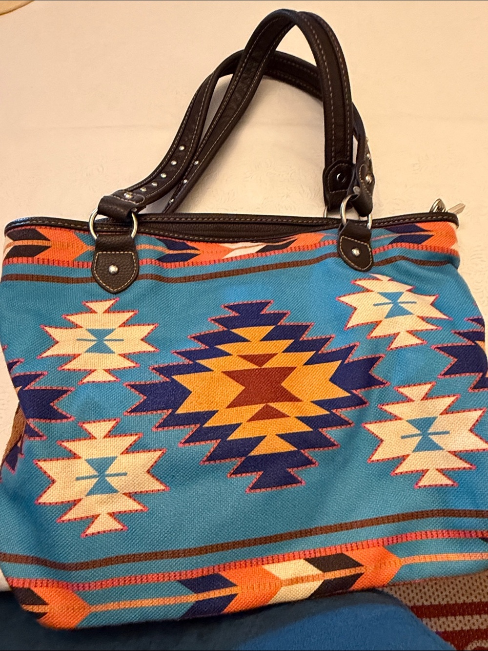 Turquoise Aztec-Print Shoulder Bag with Brown Handles. By Montana West